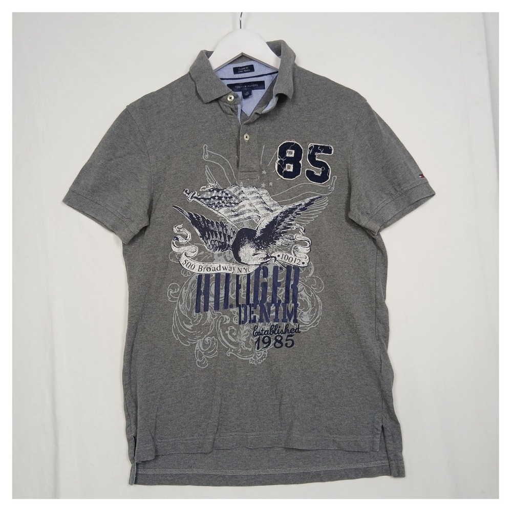 Tommy Hilfiger Denim Gray Graphic Polo Shirt Eagle Flag 85 Mens Medium